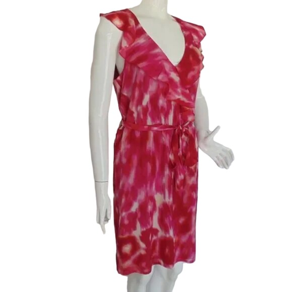 ANN TAYLOR Silk Dress, 10, Pink/Red, Ruffle neck, Sleeveless, Sash belt - Picture 2 of 13